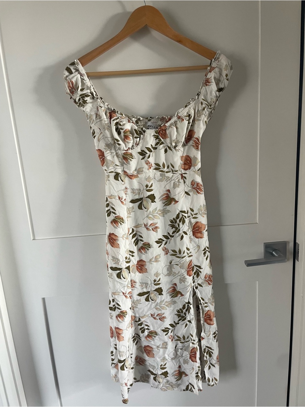 Hello Molly White Midi Dress with Rust Floral & Olive Leaf Print